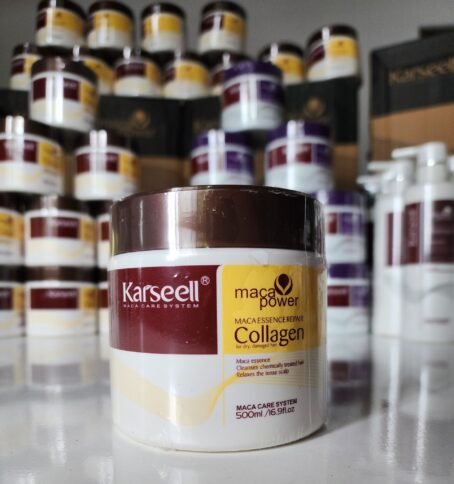 Mascarilla capilar de colágeno Karseell original en envase blanco y tapa morada, tratamiento para cabello dañado.