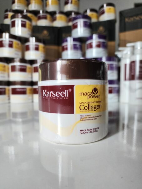 Mascarilla capilar de colágeno Karseell original en envase blanco y tapa morada, tratamiento para cabello dañado.